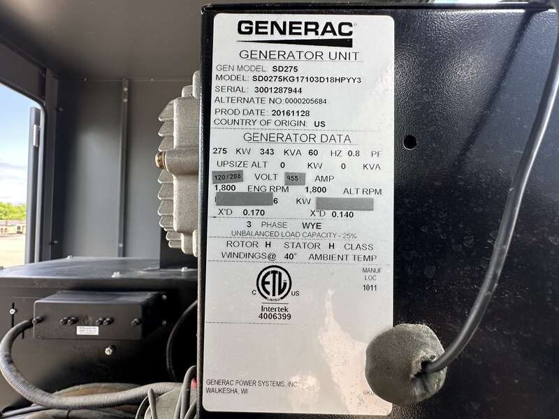 Used Generac SD0275 Iveco/FPT 10.3L Diesel Generator, 146 Hrs, EPA Tier 3