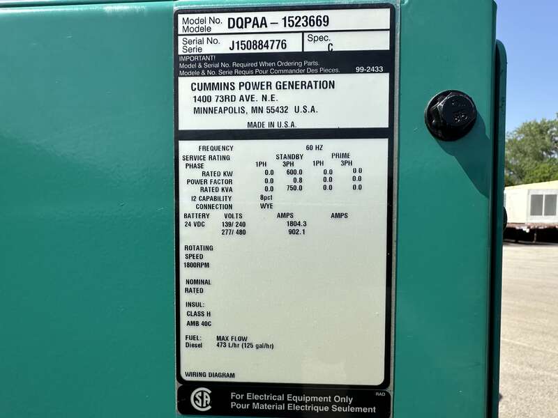 Used Cummins DQPAA QSK19-G8 Diesel Generator, 45 Hrs, EPA Tier 2