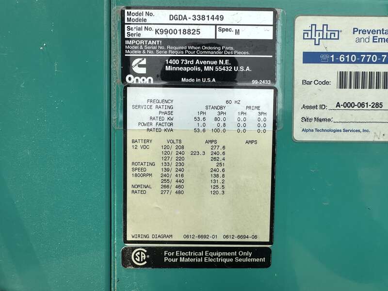 Used Cummins DGDA Diesel Generator, 812 Hrs