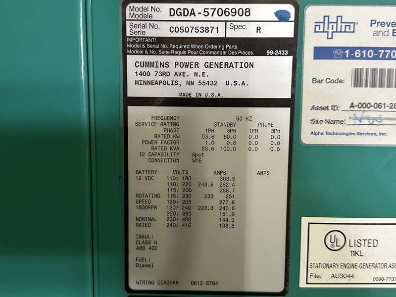 Used Cummins DGDA 6BT5.9-G6 Diesel Generator, 568 Hrs