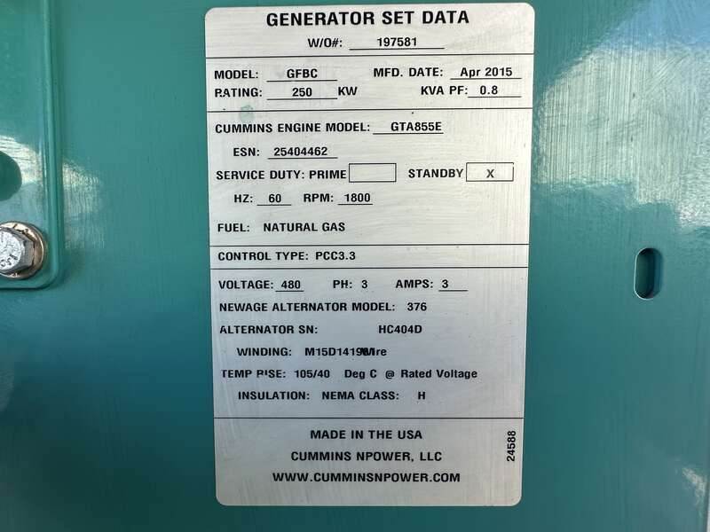 Used Cummins GFBC  GTA855-G3 Natural Gas Generator, 124 Hrs