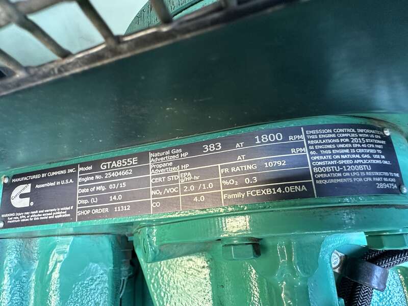 Used Cummins GFBC  GTA855-G3 Natural Gas Generator, 124 Hrs