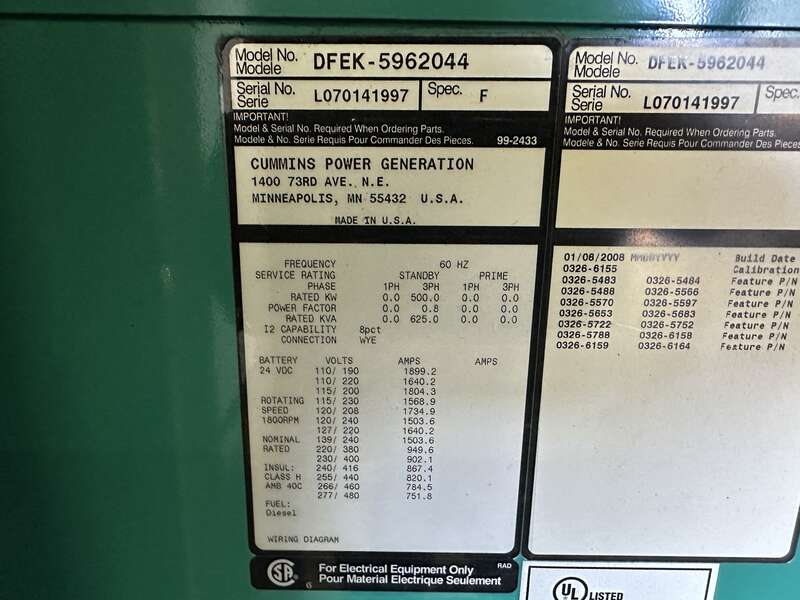 Cummins DFEK QSX15-G9 NR2 Diesel Generator, 647 Hrs, EPA Tier 2