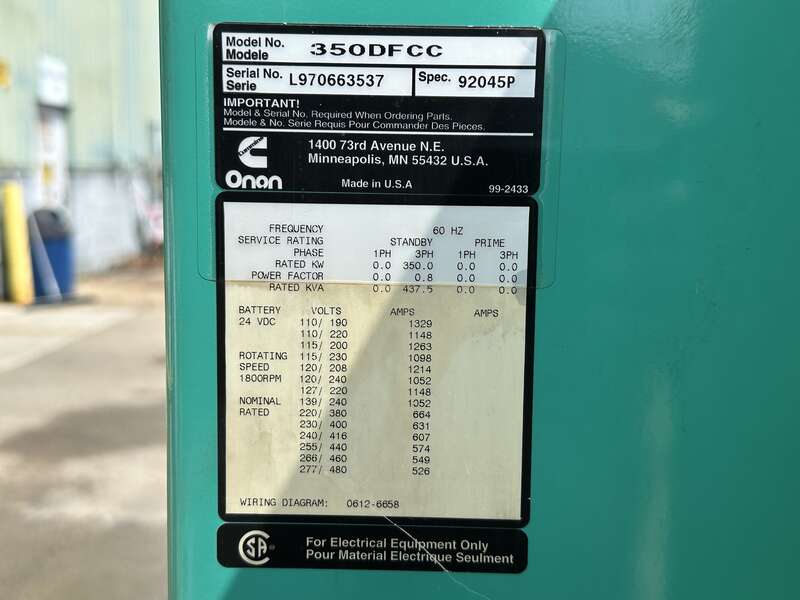 Used Cummins 350DFCC NTA-855-G3 Diesel Generator, 659 Hrs