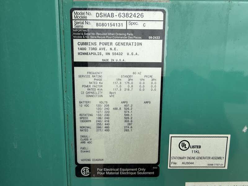 Used Cummins DSHAB QSL9-G2 NR3 Diesel Generator, 450 Hrs, EPA Tier 3