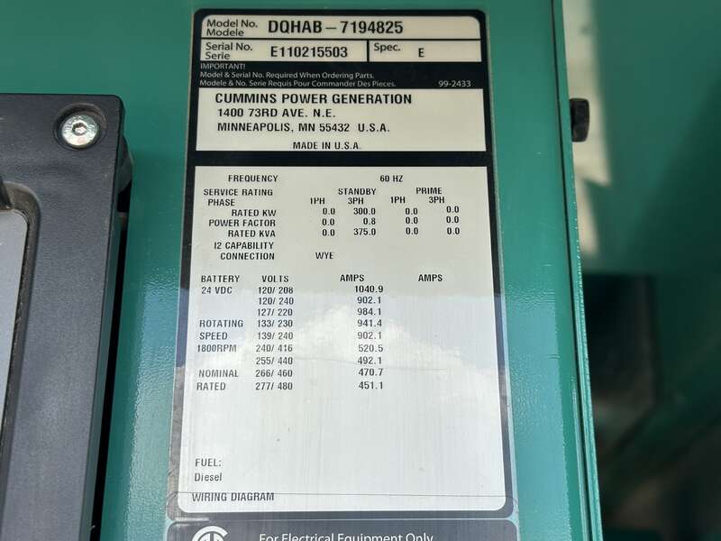 Used Cummins DQHAB QSM11-G4 Diesel Generator, 240 Hrs EPA Tier 3