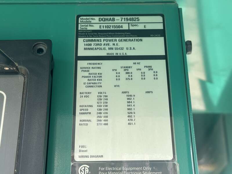 Used Cummins DQHAB QSM11-G4 Diesel Generator, 160 Hrs EPA Tier 3