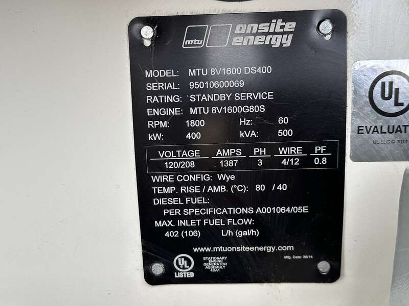 Used MTU DS400 MTU 8V1600G80S Diesel Generator, 27 Hrs, EPA Tier 3