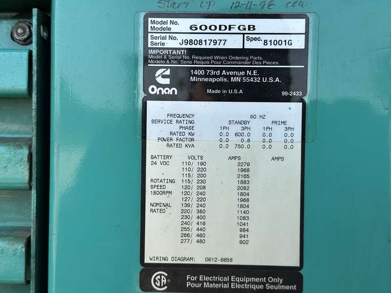 Used Cummins DFGB VTA28-G5 Diesel Generator, 473 Hrs