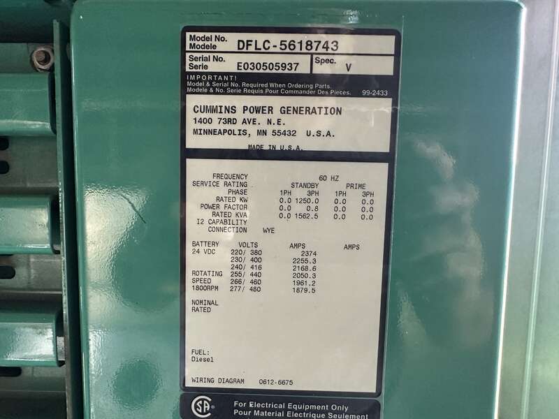 Used Cummins DFLC KTA50-G3 Diesel Generator, 572 Hrs