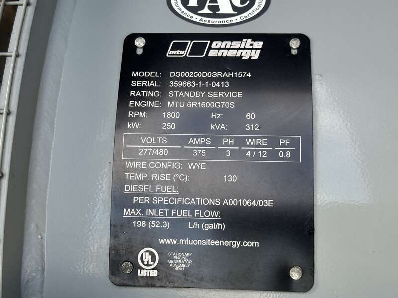 Used MTU DS250 6R1600G70S Diesel Generator, 390 Hrs, EPA Tier 3