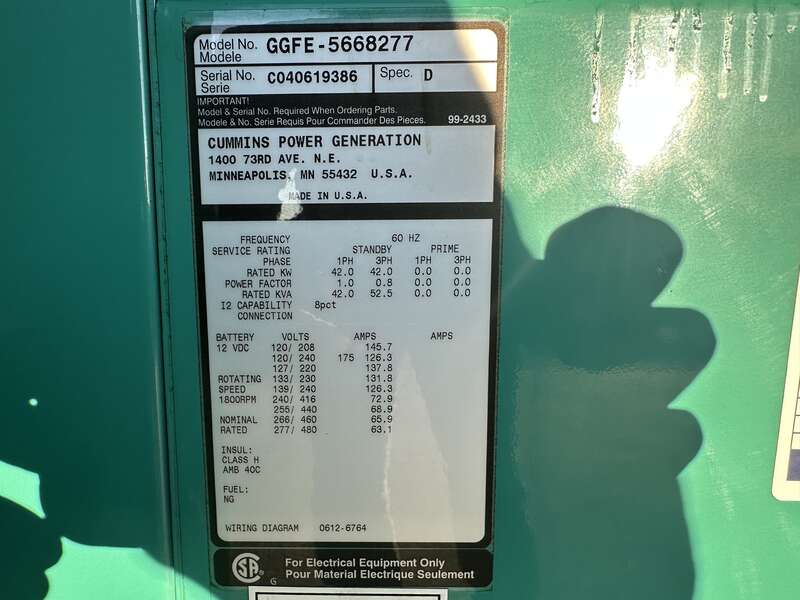 Used Cummins GGFE Natural Gas / Propane Generator, 10 Hrs 1 or 3 Phase