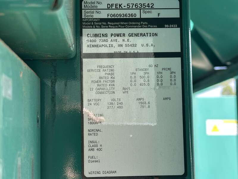 Cummins DFEK QSX15-G9 NR2 Diesel Generator, 501 Hrs, EPA Tier 2