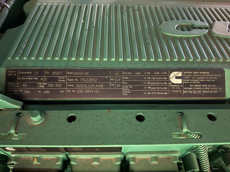Cummins DFEK QSX15-G9 Diesel Generator, 372 Hrs, EPA Tier 2