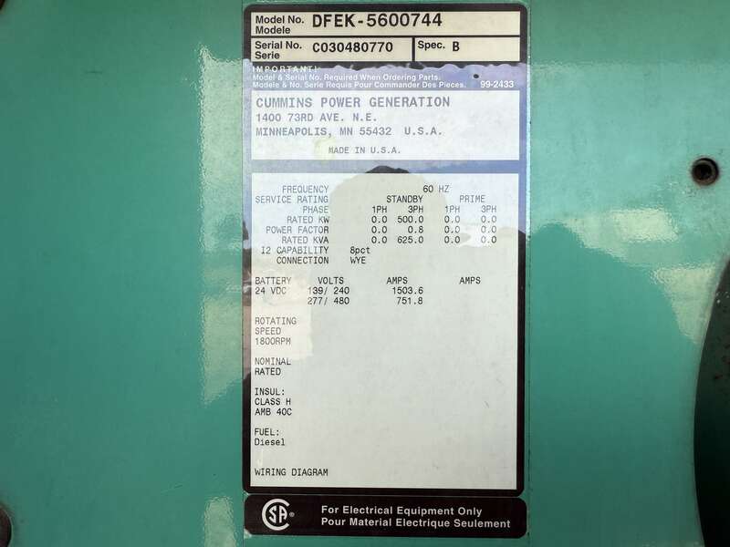 Cummins DFEK QSX15-G9 Diesel Generator, 887 Hrs