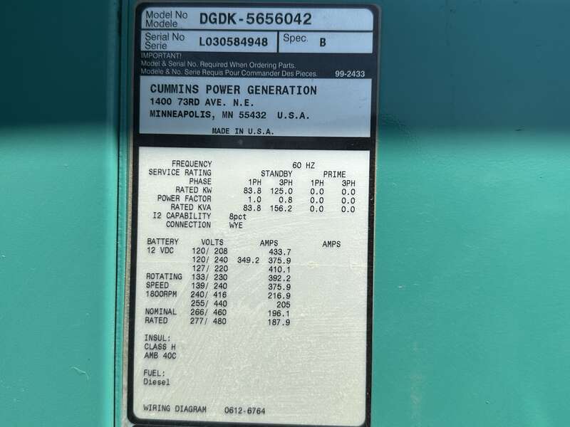 Used Cummins DGDK Diesel Generator, 214 Hrs