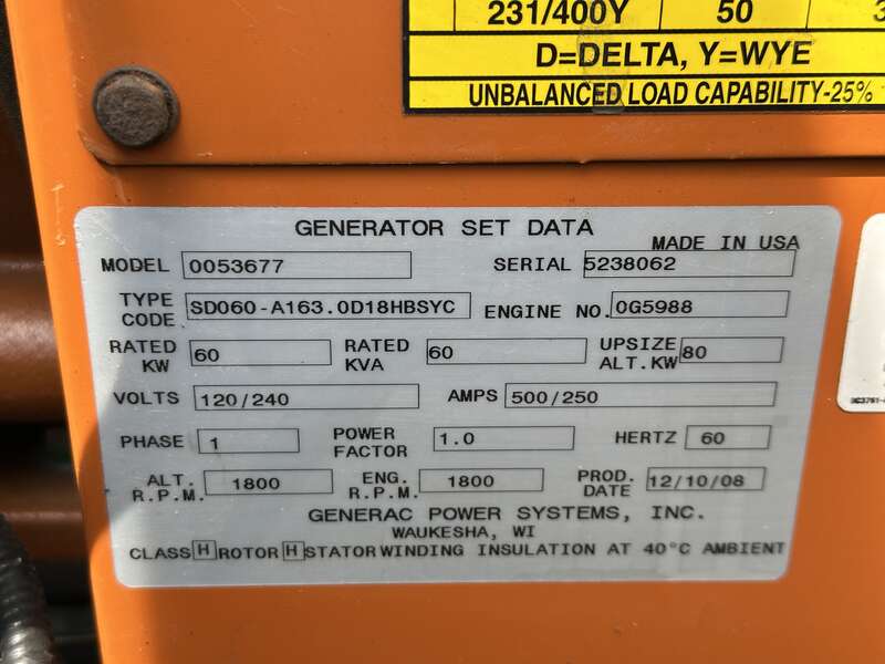 Used Generac SD060 Diesel Generator, 1915 Hrs Single Phase