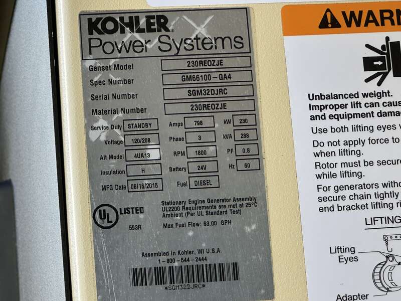 Used Kohler 230REOZJE Diesel Generator 202 Hrs EPA Tier 3