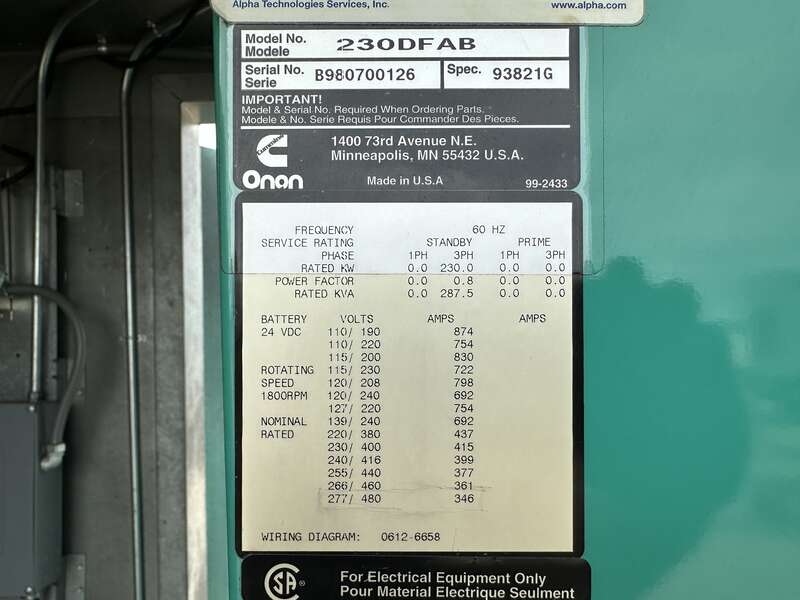 Used Cummins DFAB Diesel Generator, 247 Hrs