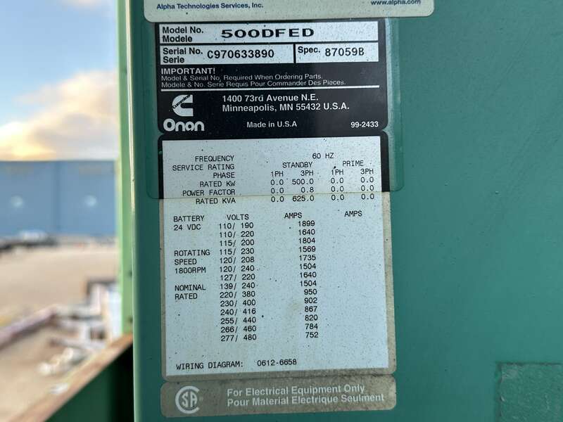 Used Cummins DFED KTA19-G4 Diesel Generator, 95 Hrs
