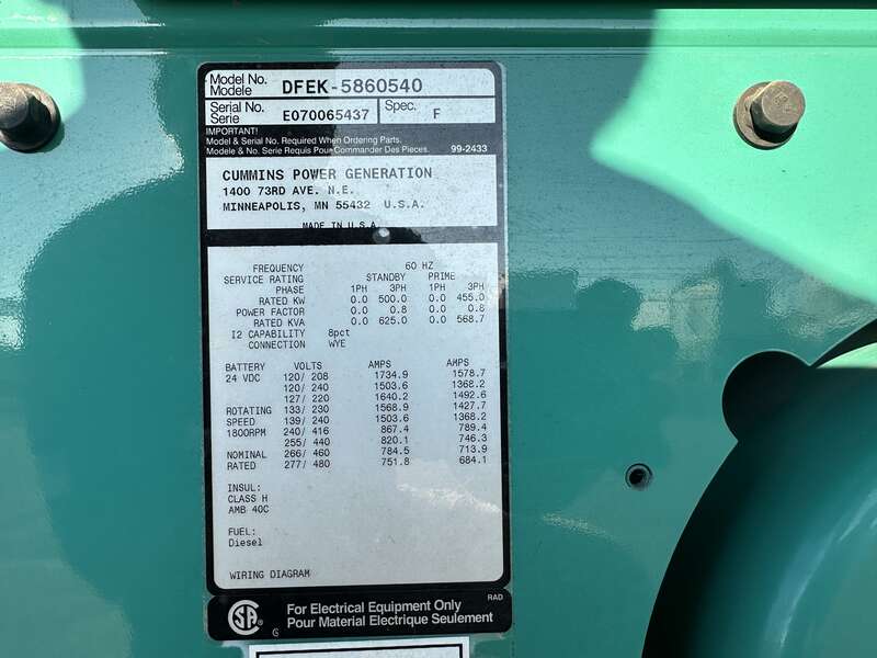 Used Cummins DFEK QSX15-G9 NR2 Diesel Generator 434 Hrs EPA Tier 2
