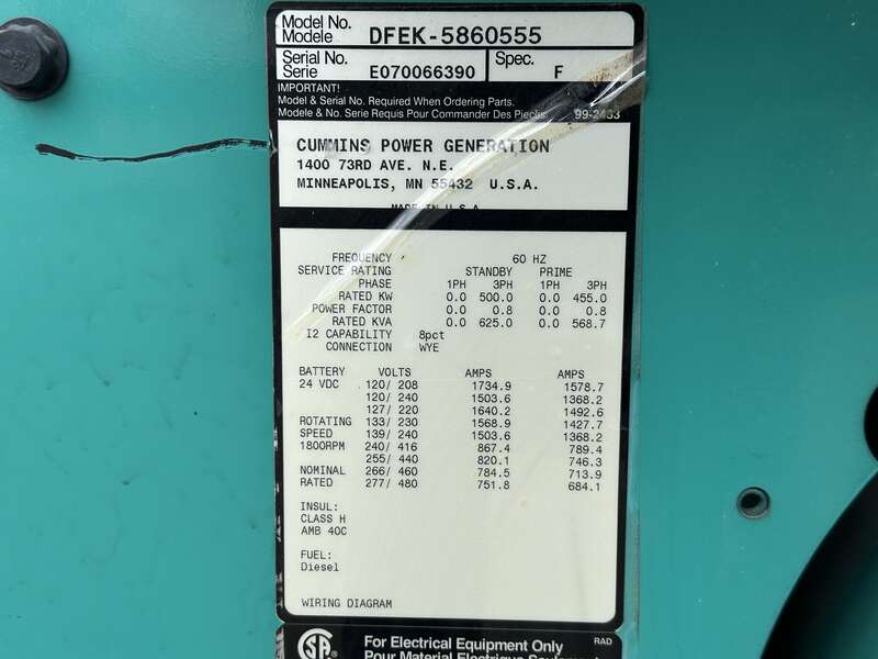 Used Cummins DFEK QSX15-G9 NR2 Diesel Generator 436 Hrs EPA Tier 2