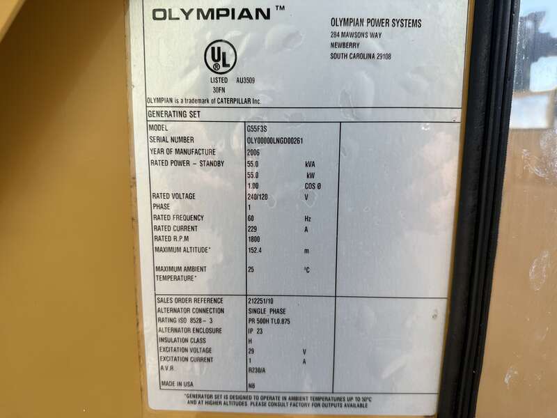Used Caterpillar / Olympian G55F3S Natural Gas / Propane Generator, 1093 Hrs, Single Phase