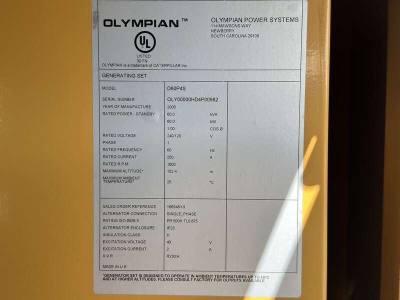 Used Caterpillar D60P4S Diesel Generator, 957 Hrs, Single Phase