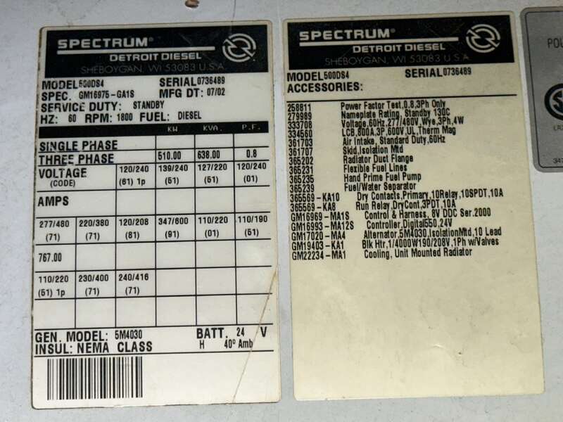 Used Detroit Diesel 500DS4 Diesel Generator, 1067 Hrs