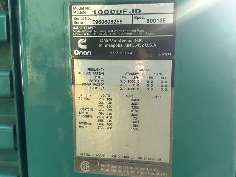 Used Cummins DFJD KTA38-G4 Diesel Generator, 1436 Hrs