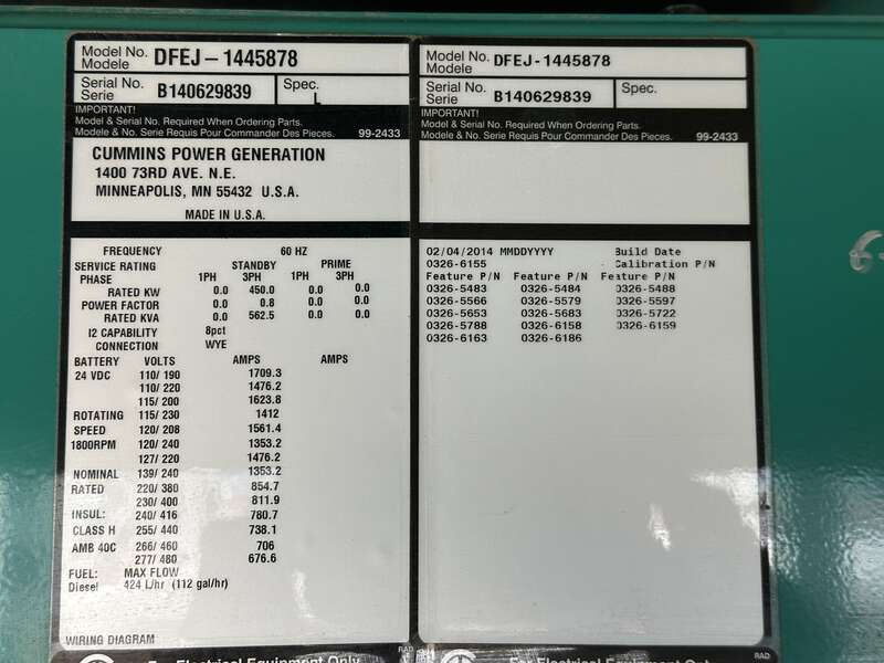 Used Cummins DFEJ QSX15-G9 NR2 Diesel Generator 222 Hrs EPA Tier 2