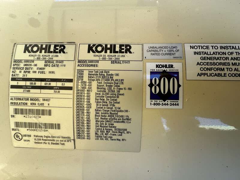 Used Kohler 500REOZVB TAD1641GE Diesel Generator, 198 Hrs, EPA Tier 2