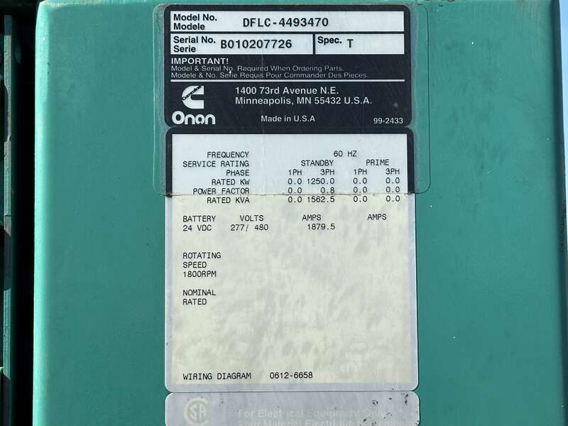 Used Cummins DFLC KTA50-G3 Diesel Generator, 827 Hrs