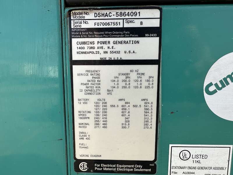 Used Cummins DSHAC QSB7-G5 NR3 Diesel Generator, 5677 Hrs, EPA Tier 3