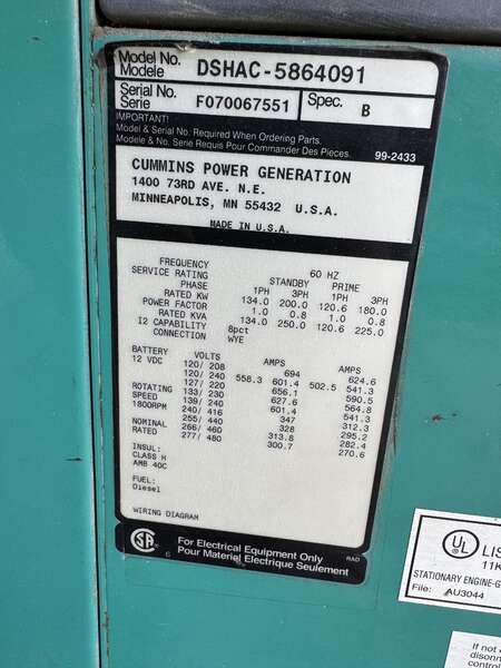 Used Cummins DSHAC QSB7-G5 NR3 Diesel Generator, 5677 Hrs, EPA Tier 3