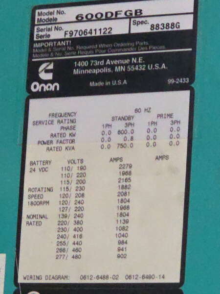 Used Cummins DFGB VTA28-G5 Diesel Generator, 278 Hrs