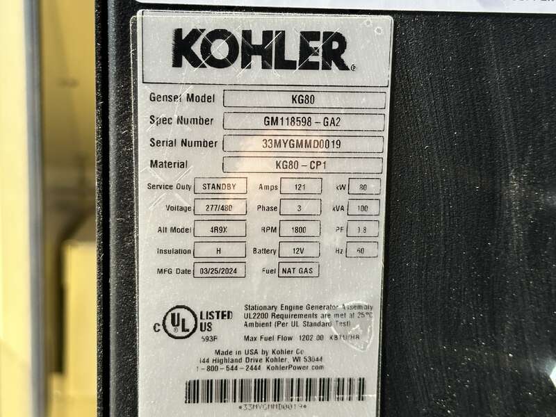 Used Kohler KG80 Natural Gas / Propane Generator, 83 Hrs, EPA Certified