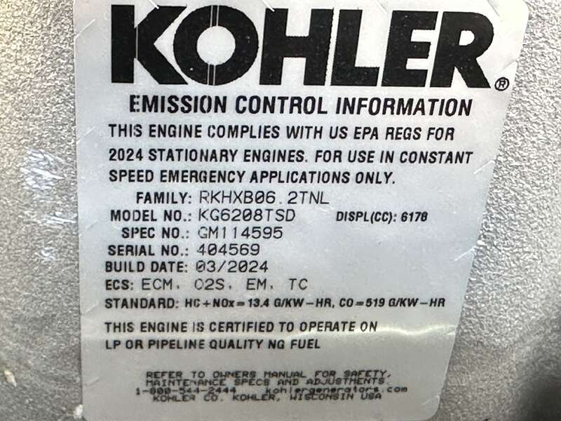 Used Kohler KG80 Natural Gas / Propane Generator, 83 Hrs, EPA Certified