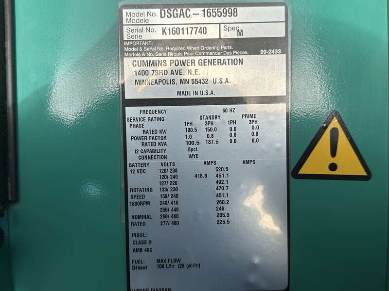 Used Cummins DSGAC QSB7-G5 NR3 Diesel Generator, 119 Hrs, EPA Tier 3