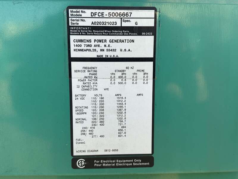 Used Cummins DFCE NTA855-G5 Diesel Generator, 562 Hrs