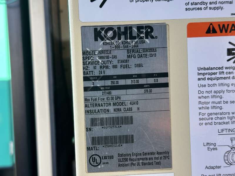 Used Kohler 250REOZJE Diesel Generator, 251 Hrs, EPA Tier 3