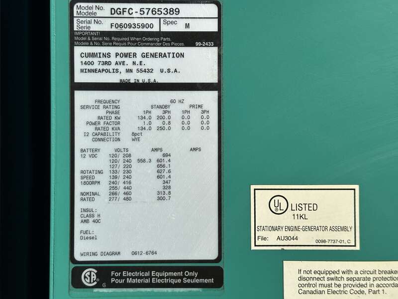Used Cummins DGFC 6CTAA8.3-G2 Diesel Generator, 708 Hours