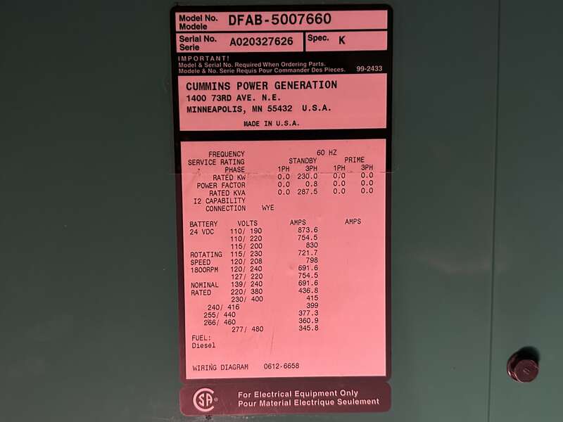 Used Cummins DFAB Diesel Generator, 226 Hrs