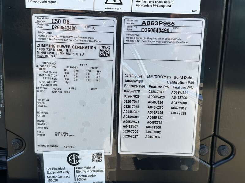New Cummins C50D6 Diesel Generator, EPA Tier 3 - Single Phase                            