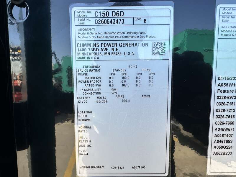 New Cummins C150D6D QSB7-G5 NR3 Diesel Generator, EPA Tier 3                            