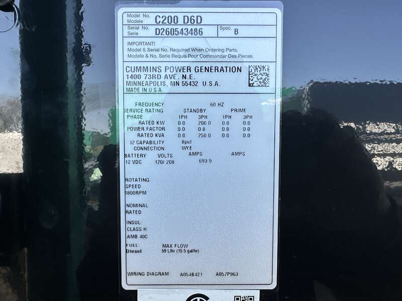 New Cummins C200D6D QSB7-G5 NR3 Diesel Generator, EPA Tier 3                            