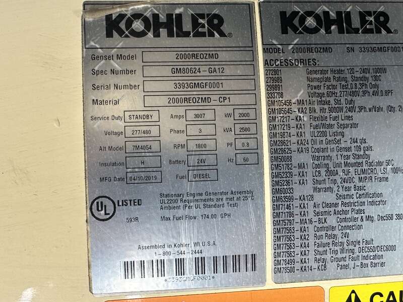 Used Kohler 2000REOZMD Diesel Generator, 223 Hrs, EPA Tier 2                            
