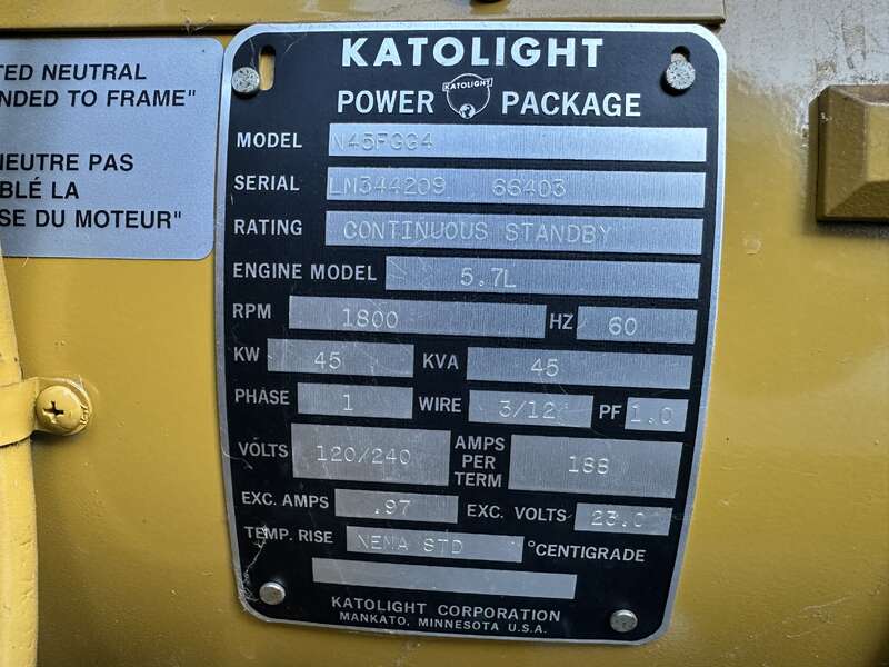 Used Katolight N45FGG4 Natural Gas Generator, 410 Hrs