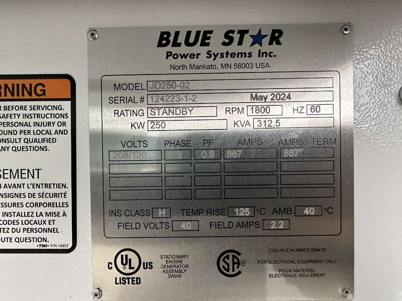 New Blue Star Power Systems JD250 John Deere 6090HF484 Diesel Generator, 0 Hrs, EPA Tier 3 