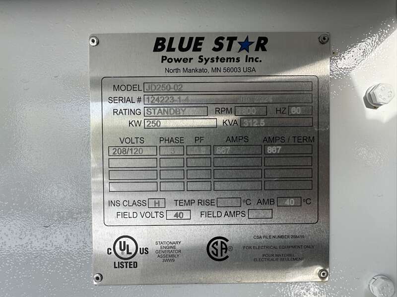 New Blue Star Power Systems JD250 John Deere 6090HF484 Diesel Generator, 0 Hrs, EPA Tier 3                            